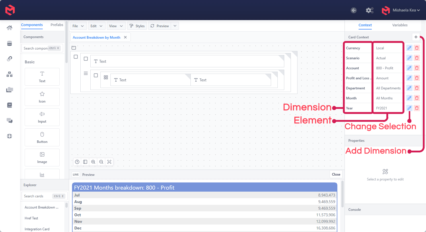 The Card Context panel, annotated to show each dimension and its selected element, the change-selection action and the add-dimension action