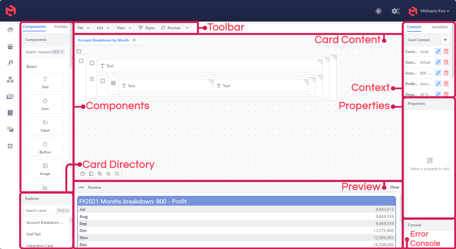 The Card Editor, annotated to show the toolbar, card content, context, properties, card directory, preview and error console