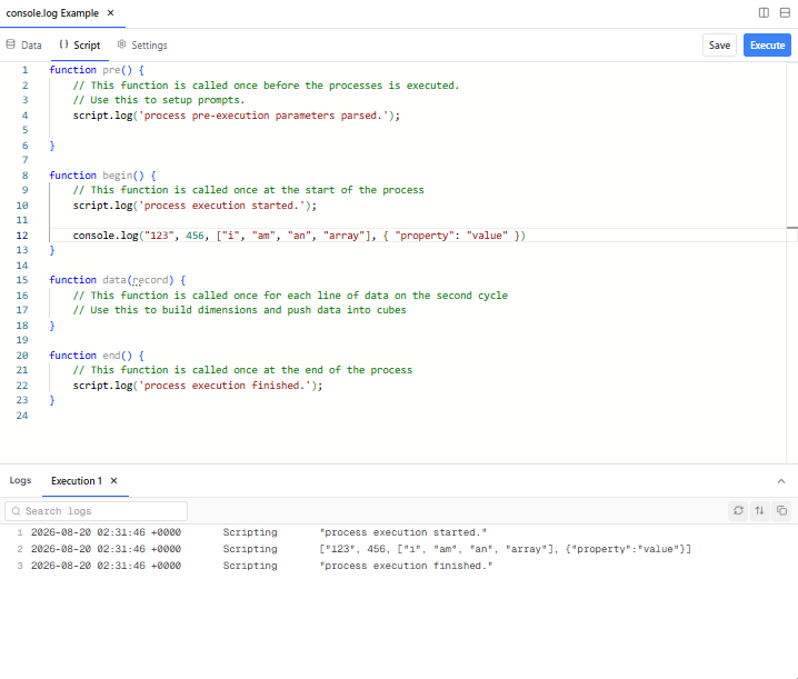 Script Editor calling console.log with a string, a number, an array and an object, and the resulting log entry combining all four into a single line