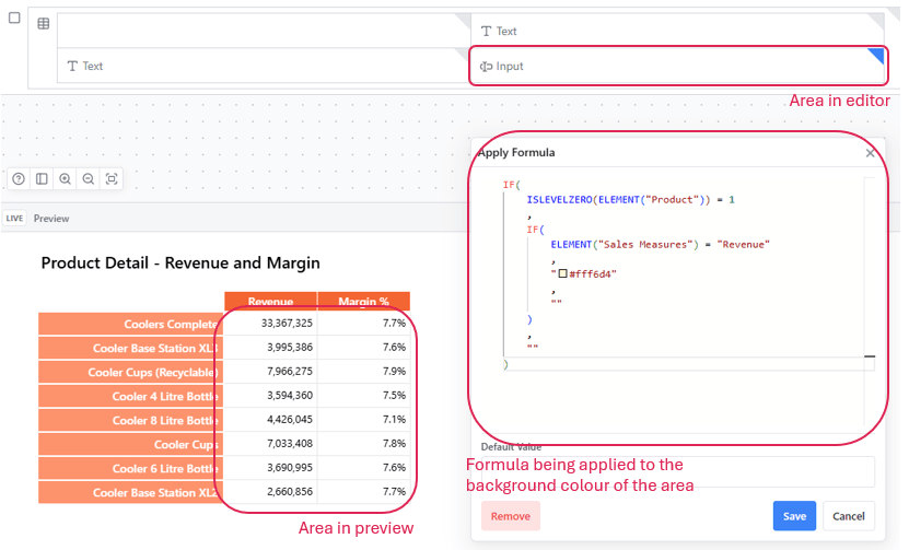 The card editor with the target area selected, and the Apply Formula dialog holding the background colour formula