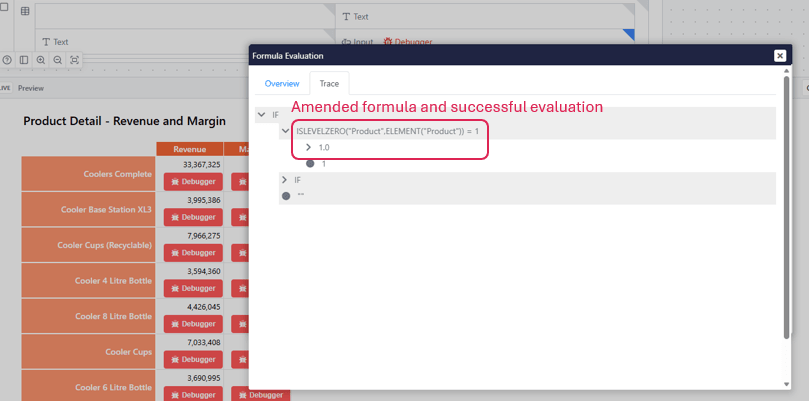 The Formula Evaluation Overview tab showing the amended formula evaluating successfully to 1.0