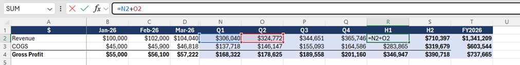 Excel formula summing Q1 and Q2 into H1