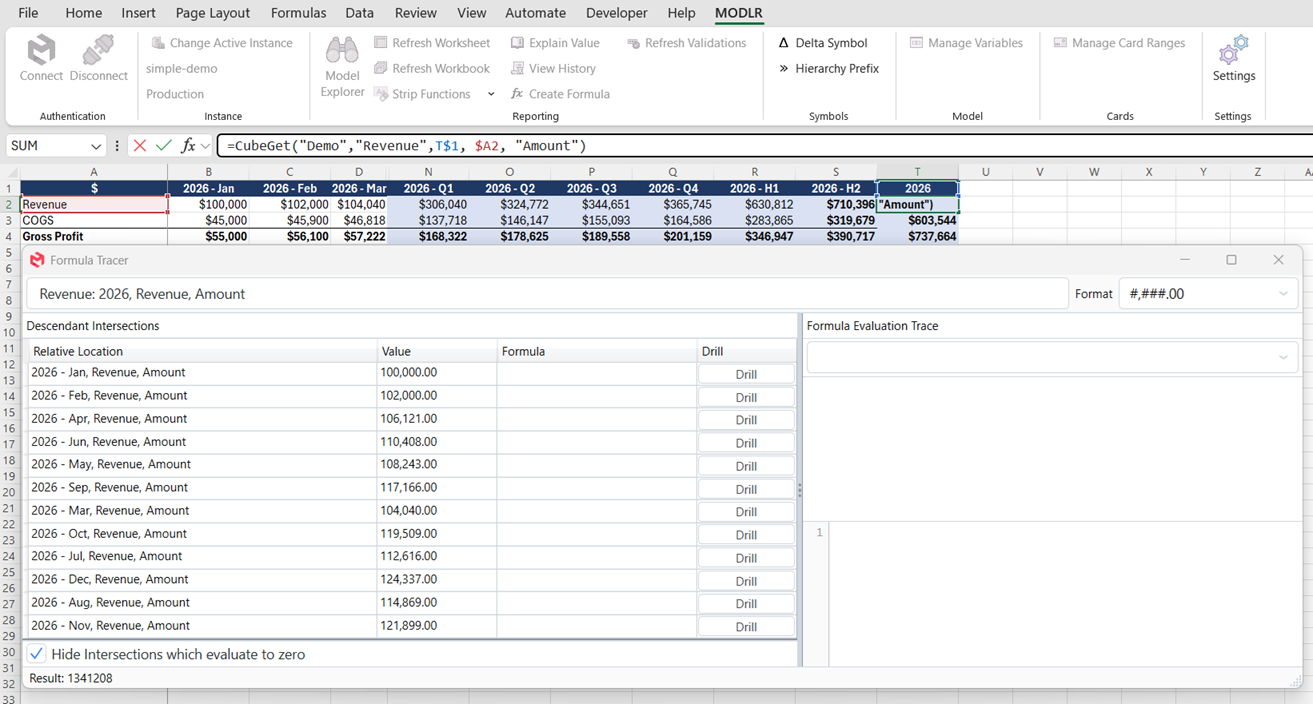 MODLR Excel Add-in using a single CubeGet formula to pull the Full Year total, traced back to the underlying months