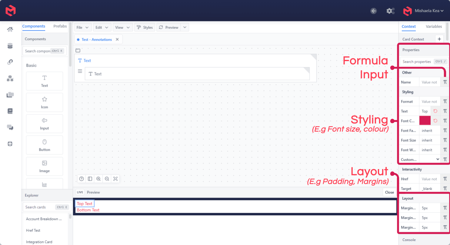 The Properties panel, annotated to show the formula input icons and the Styling and Layout property groups