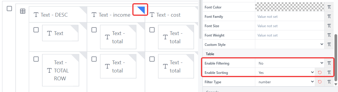 Enable Filtering and Sorting at the column level