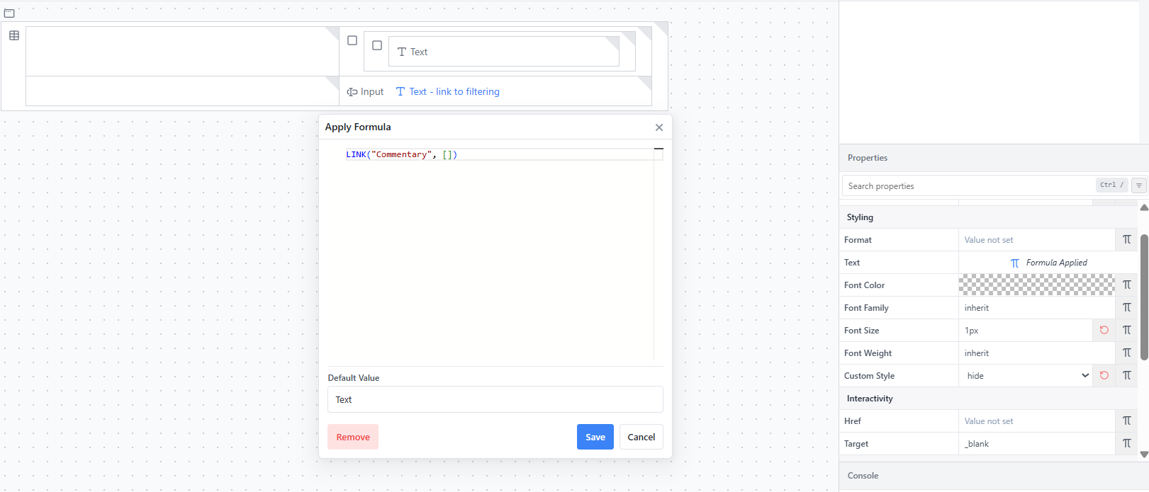 An Input component displayed on the card, alongside a hidden Text component linked to a cube purely to feed filtering