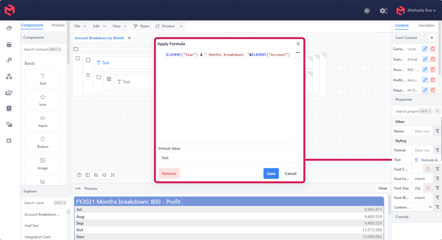 The Apply Formula editor, showing a formula built from ELEMENT calls and a Default Value, with the resulting text rendered in the card preview