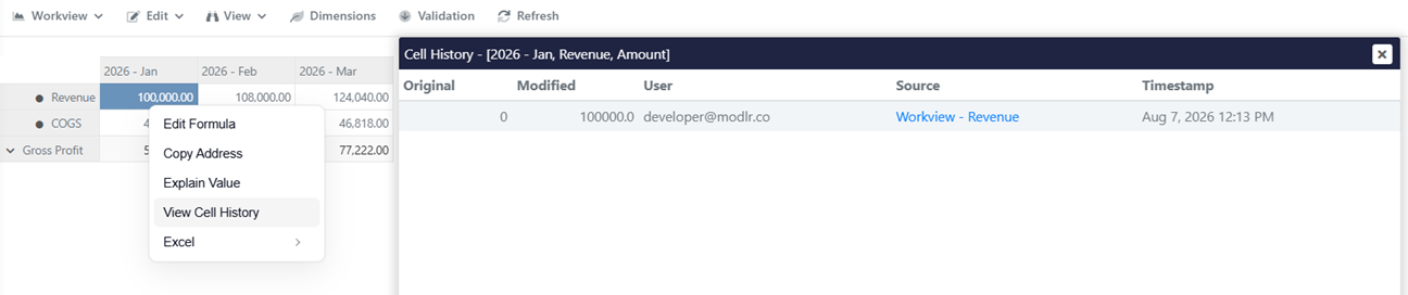 Right-clicking a cell in a Workview and selecting View Cell History, opening the Cell History for 2026 - Jan, Revenue, Amount