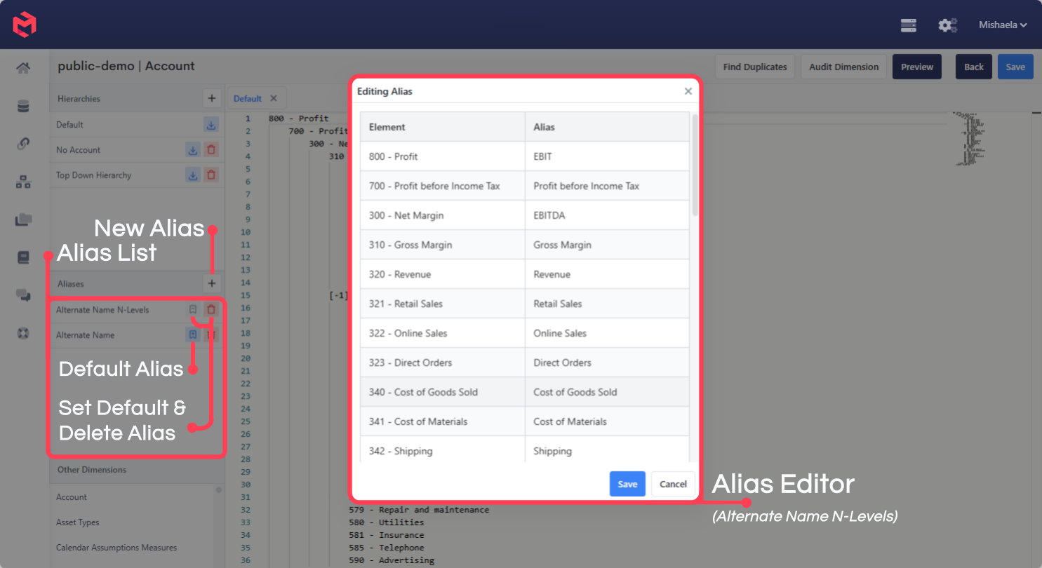 The alias list in the Dimension editor, showing several configured aliases and the action to mark one as default
