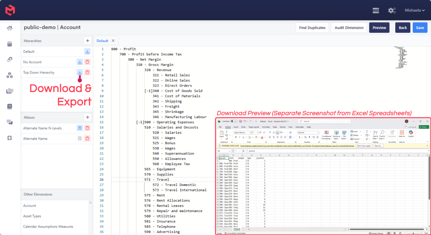 The per-hierarchy CSV export action in the dimension editor