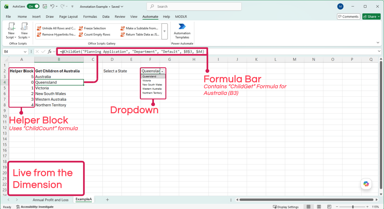 An Excel sheet with a helper block using ChildCount and ChildGet to list the children of a dimension element, feeding a data-validation dropdown
