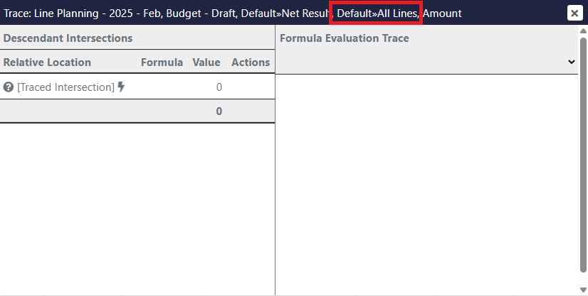 Explain Value trace showing the resolved hierarchy prefixed to the element, "Default»All Lines"