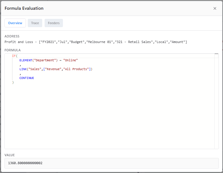 The Formula Evaluation Overview tab, showing the address, the formula and the resulting value