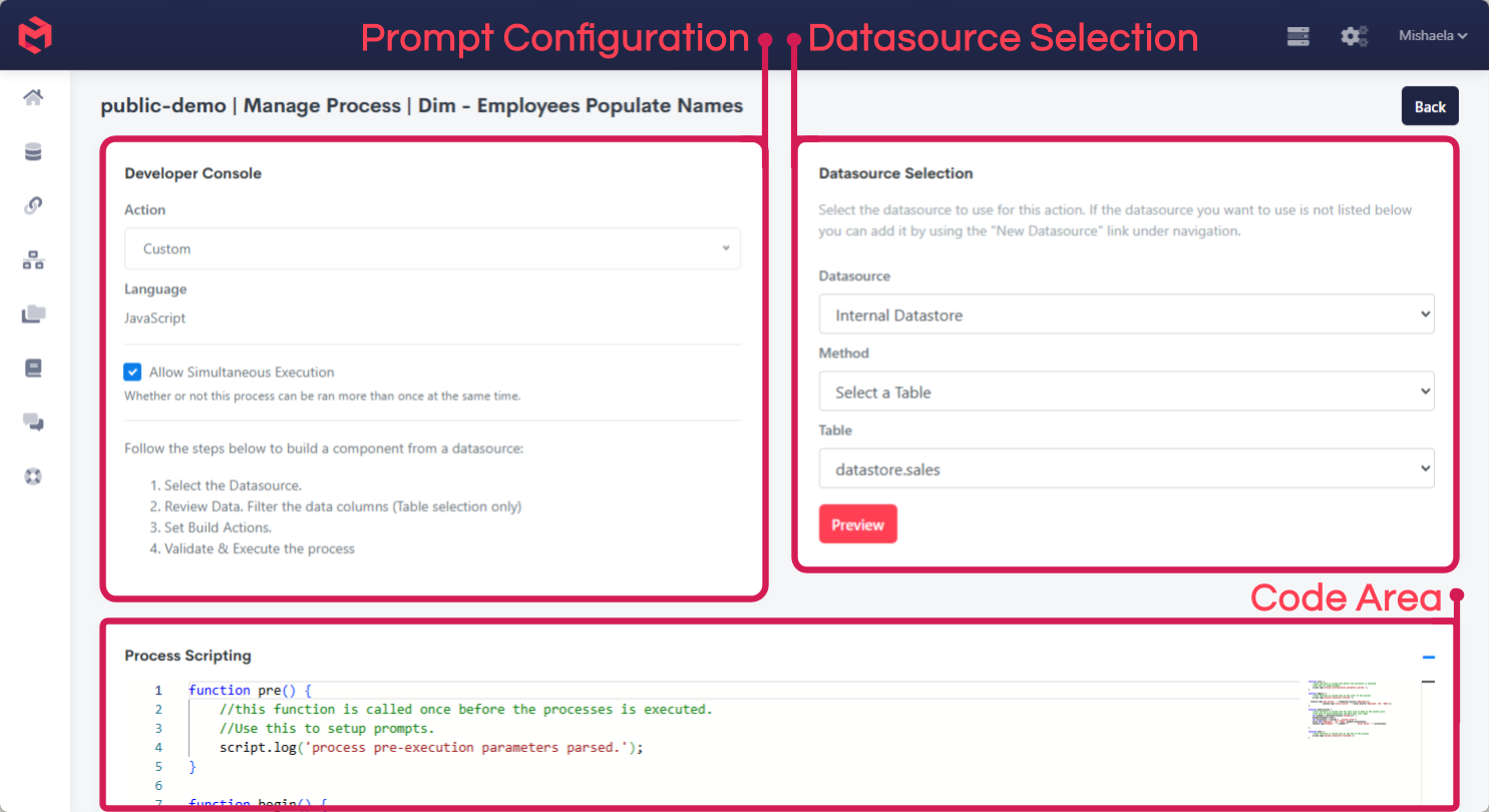 The Scripted Process editor, showing JavaScript process logic alongside the data source selector and execute controls