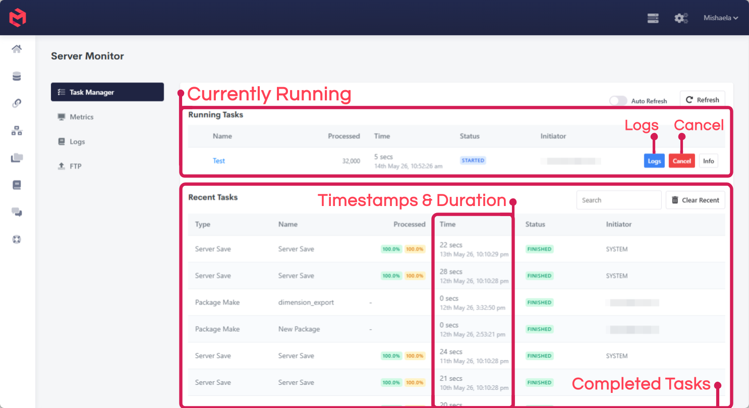 The Task Manager, showing running and finished tasks with timestamps and durations
