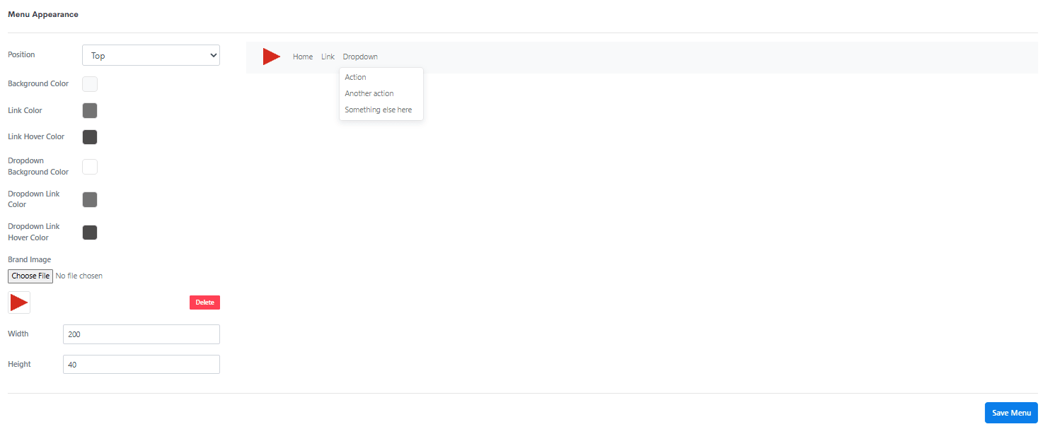The Menu Appearance tab, showing position, colour and brand image controls beside a live preview
