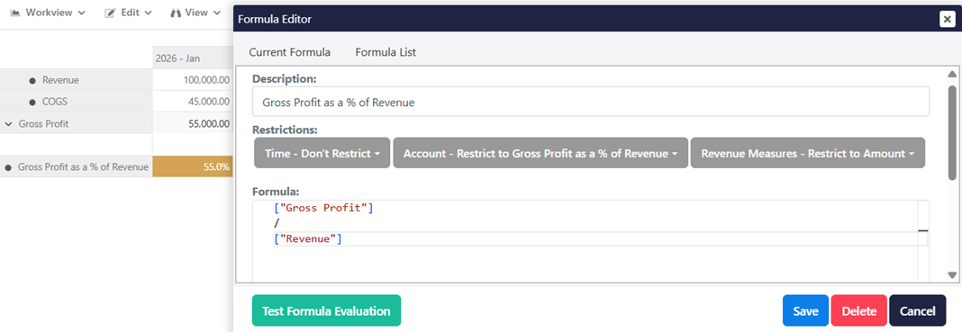MODLR Formula Editor showing the Gross Profit as a % of Revenue formula, restricted on Account and Revenue Measures but not on Time