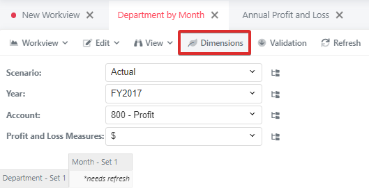 Manage (Toggle) Dimensions button 