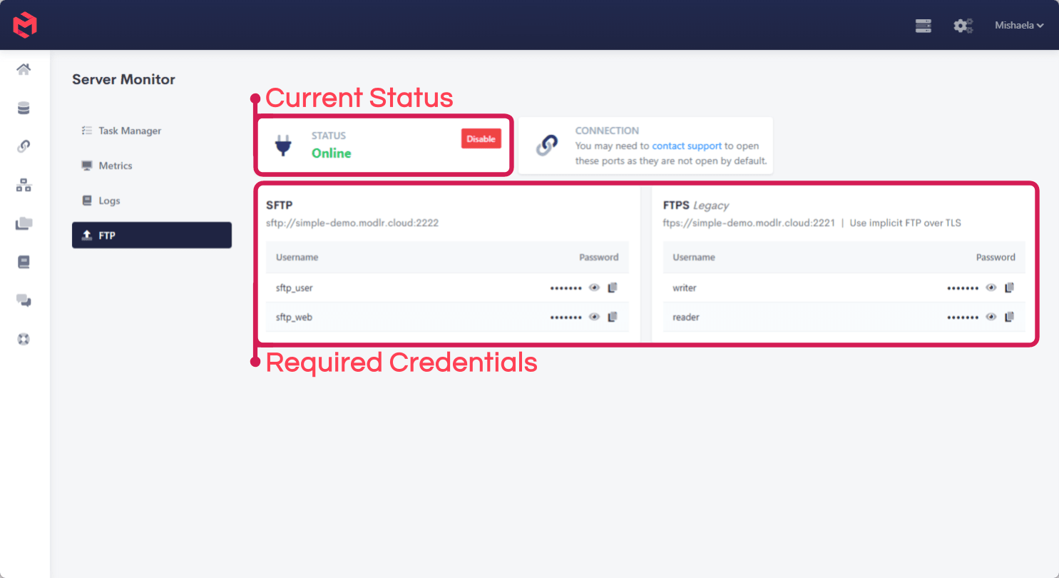 The FTP tab of the Server Monitor, annotated to show status and the SFTP and FTPS connection details