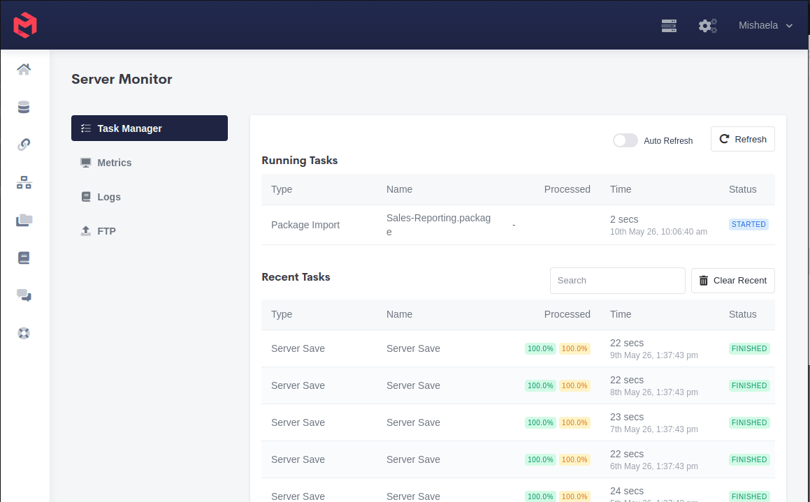 The Task Manager, showing Running Tasks above Recent Tasks, each with type, name, progress, duration and status