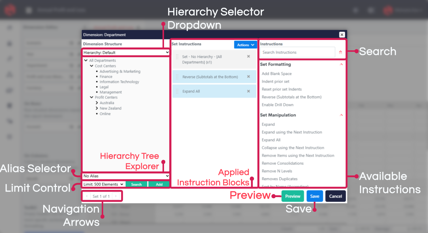 The Set Instructions editor - the left panel's hierarchy tree is where element entries come from