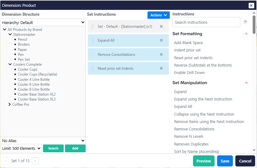 The Set Instructions editor, opened from a Workview
