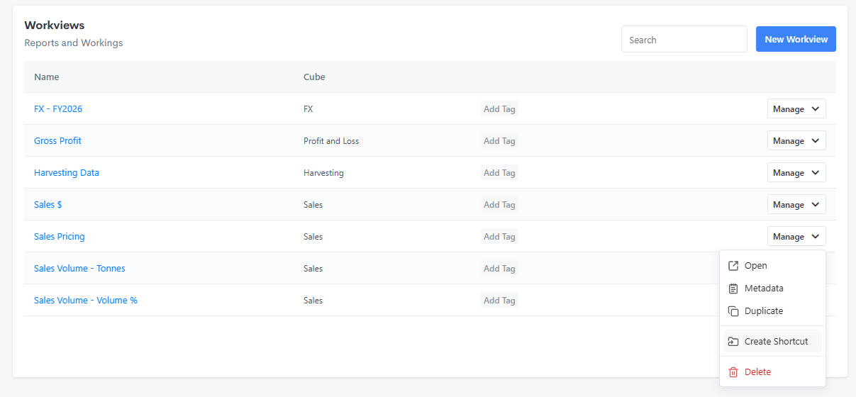 Creating a shortcut to a Workview from its Manage menu