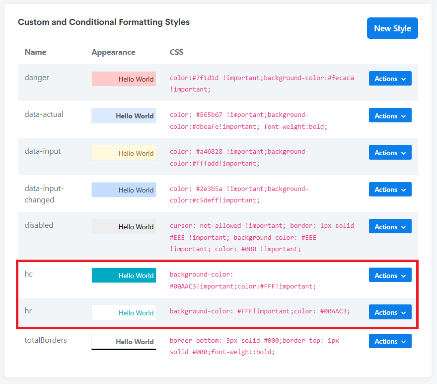 hc and hr defined in the Style Editor, styled with a teal background/white text and a white background/teal text respectively