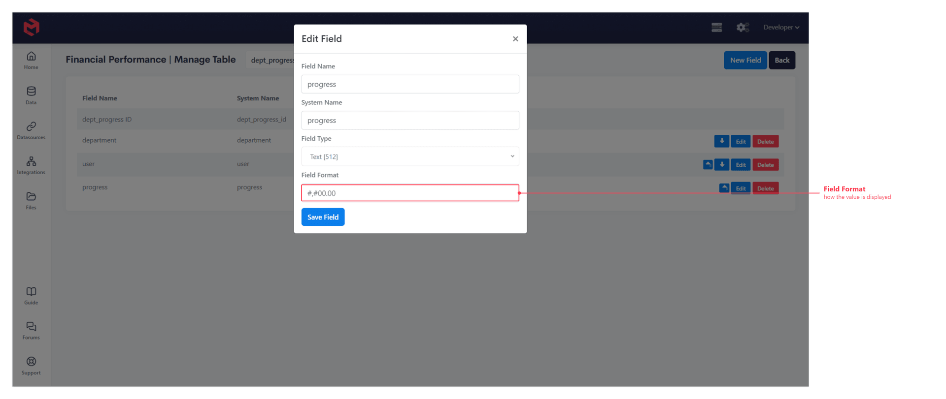 The Edit Field dialog, annotated to show the Field Format box