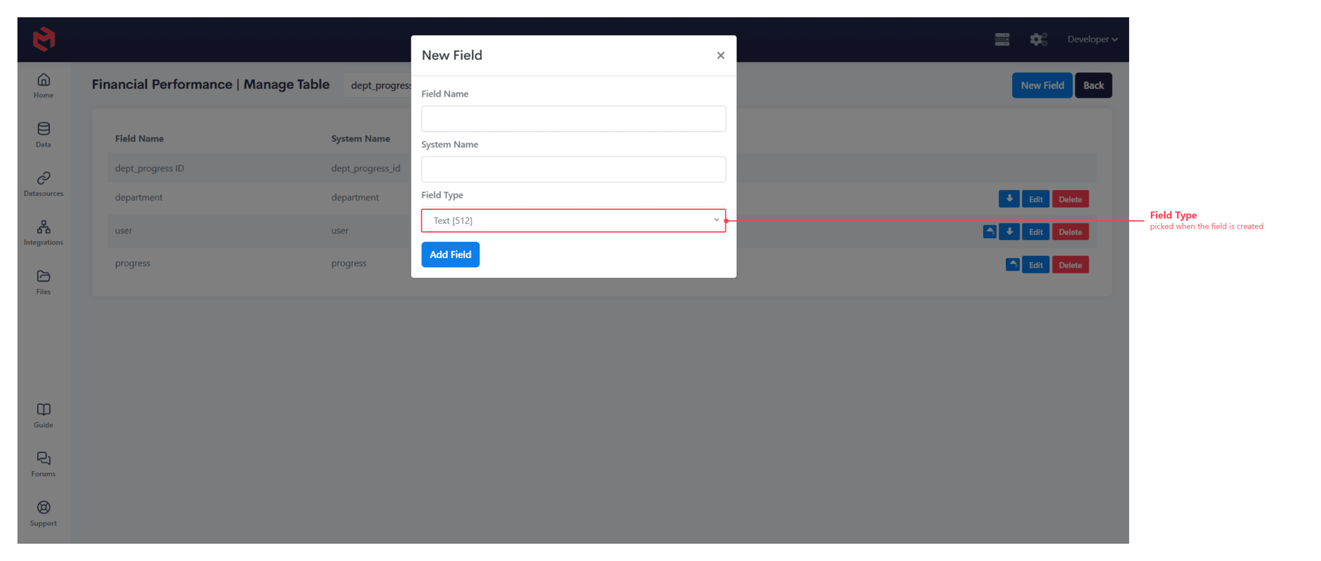The New Field dialog, annotated to show the Field Type list