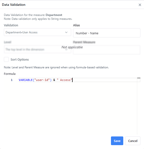 Data Validation dialog with a Formula field set to VARIABLE("user-id") & " Access"